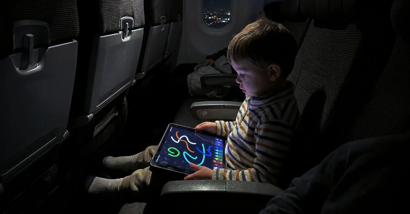 Child drawing on a tablet on an airplane